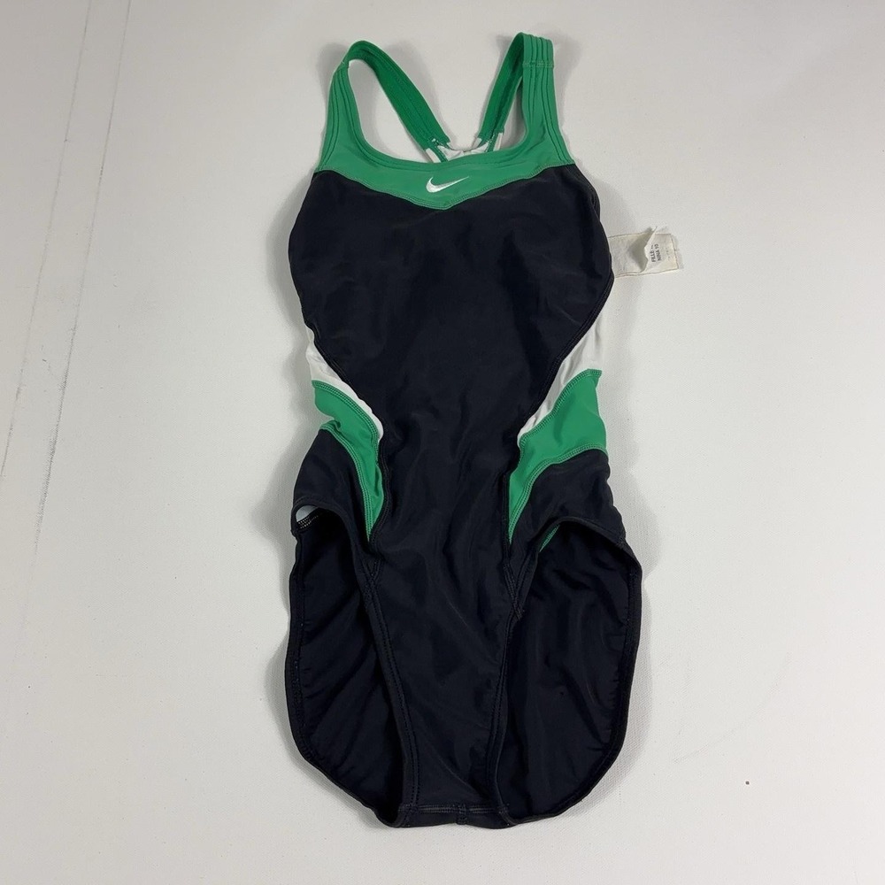 Nike One Piece Swimsuit Girls 10 Blue Green Colorblock Lined Athletic Racerback